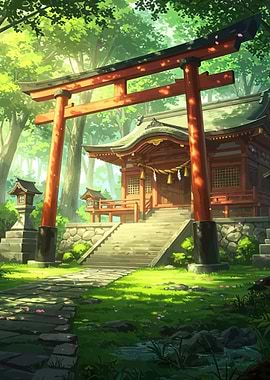 Serene Japanese Shrine in Forest
