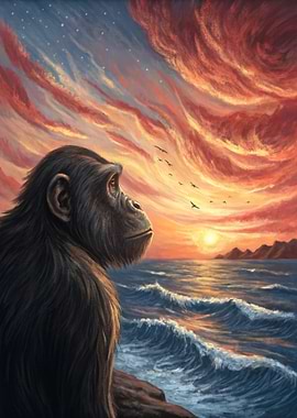 Chimpanzee Gazing at Sunset Over Ocean