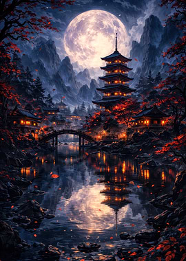 Serene Japanese Pagoda Under a Full Moon