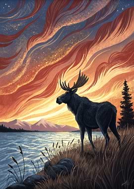Moose by a Lake at Sunset