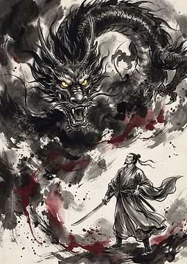 Dragon and Warrior Ink Painting