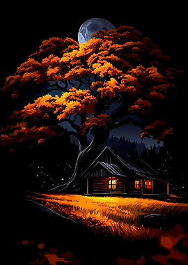 Autumn Cabin Under the Moon