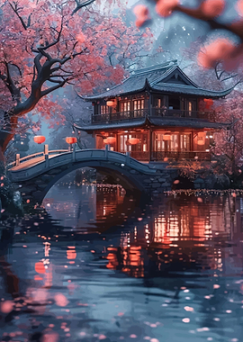 Tranquil Japanese Pagoda by Cherry Blossoms