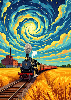 Train in a Van Gogh-inspired sky