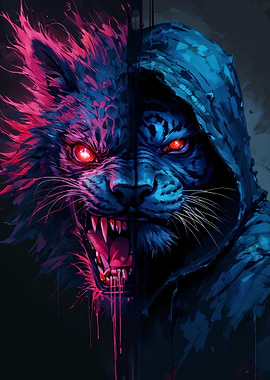 Split Face Tiger with Glowing Eyes