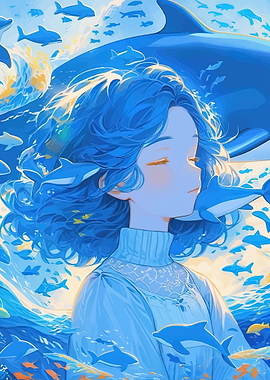 Girl with Blue Hair and Dolphins