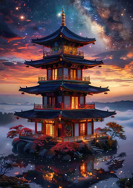 Enchanted Pagoda Under a Cosmic Sky