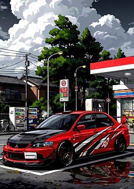 Red Mitsubishi Lancer Evolution at Gas Station