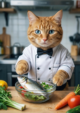 Chef Cat Preparing Fish Dish