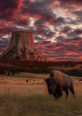 Bison at Devils Tower at Sunset