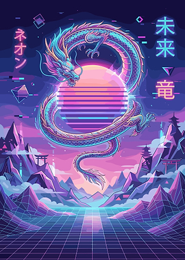 Retro Neon Dragon Landscape