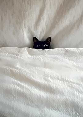 Black Cat Peeking from Under White Sheets