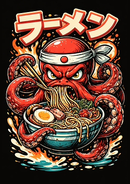 Angry Octopus Eating Ramen