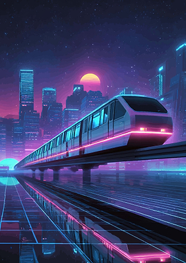 Retro Futuristic Monorail Cityscape