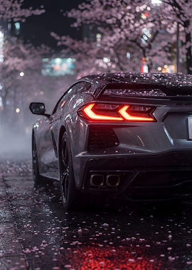 Corvette C8 in Cherry Blossom Rain