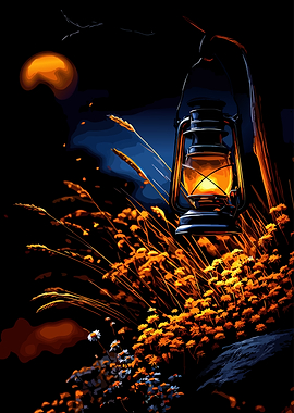 Lantern illuminating a field at night