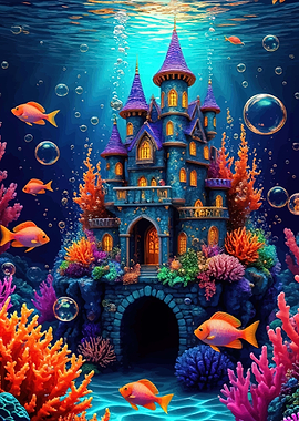 Underwater Castle with Fish and Coral
