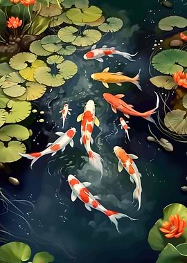 Koi Fish in a Pond with Water Lilies
