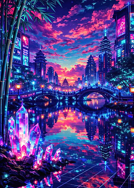 Cyberpunk Cityscape with Crystals