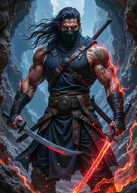 Muscular Ninja with Fiery Swords