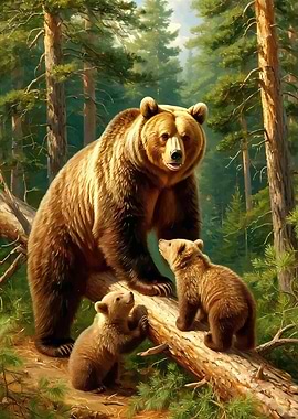Mother Bear and Cubs in Forest