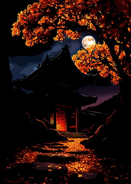 Autumn Temple at Night