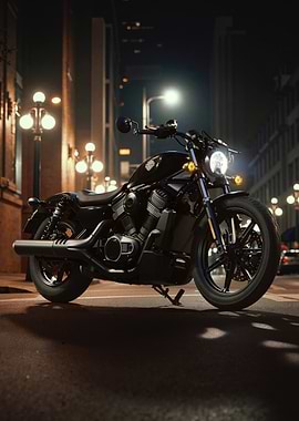 Black Motorcycle on City Street at Night harley davidson