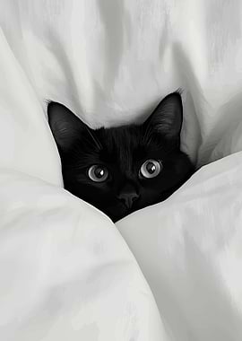 Black cat peeking from white blanket