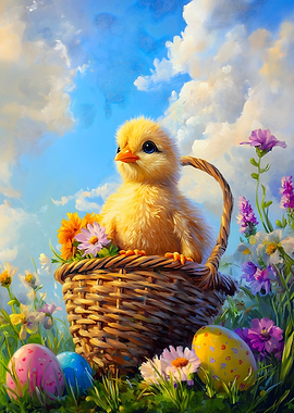 Cute Chick in Easter Basket with Eggs