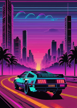 Retro Car Driving Through Neon Cityscape