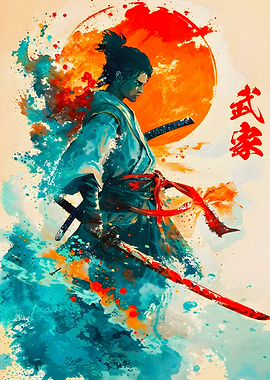 Samurai Warrior with Katana and Red Sun