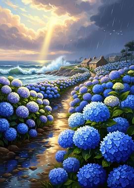 Coastal Path Lined with Hydrangeas
