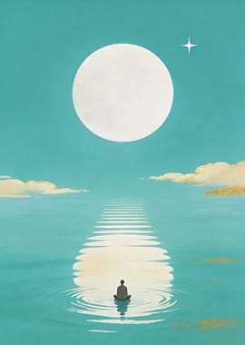 Meditating Figure Under a Large Moon