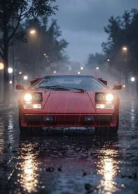 Red Lamborghini Countach in Rain