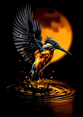 Kingfisher Diving into Water with Moon