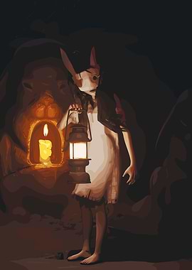 Girl with Lantern in Dark Cave