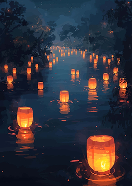 Floating Lanterns on a Dark River