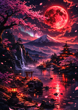 Enchanting Japanese Landscape Blood Moon