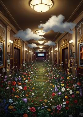 Enchanted Cinema Hallway with Flowers