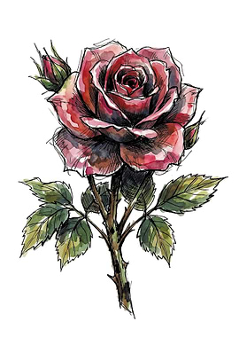 Watercolor Rose with Buds and Leaves