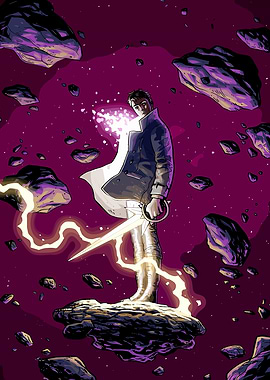 Man with glowing sword in space