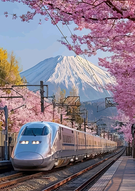 Bullet Train with Mount Fuji and Cherry Blossoms