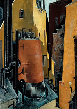 Industrial Cityscape with Red Silo