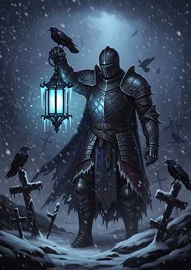 Knight with Lantern in Snowy Graveyard