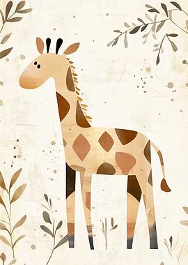 Cute Giraffe with Leaves and Splatters
