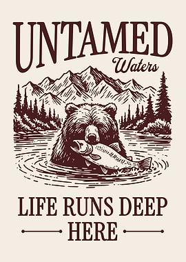 Bear Fishing Poster Vintage Engraving Style Wildlife Nature Wall Art Rustic Cabin Decor