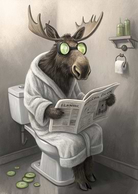 Moose reading newspaper on toilet