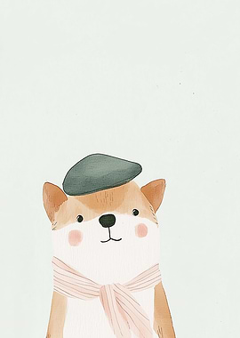Cute Dog Wearing a Beret and Scarf