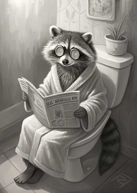 Raccoon Reading Newspaper on Toilet