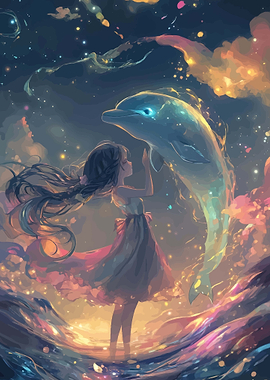 Girl and Dolphin in Cosmic Sea